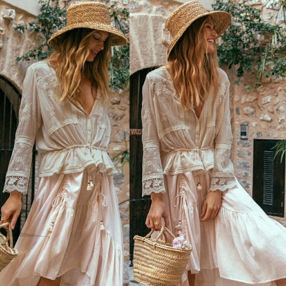 New spell Maggie embroidered blouse top taupe XXS - Picture 3 of 8